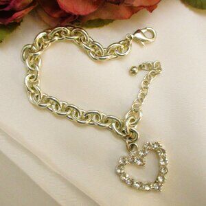 VINTAGE Rhinestone Heart Charm Bracelet ~ Silver Clear Rhinestone Love Bracelet